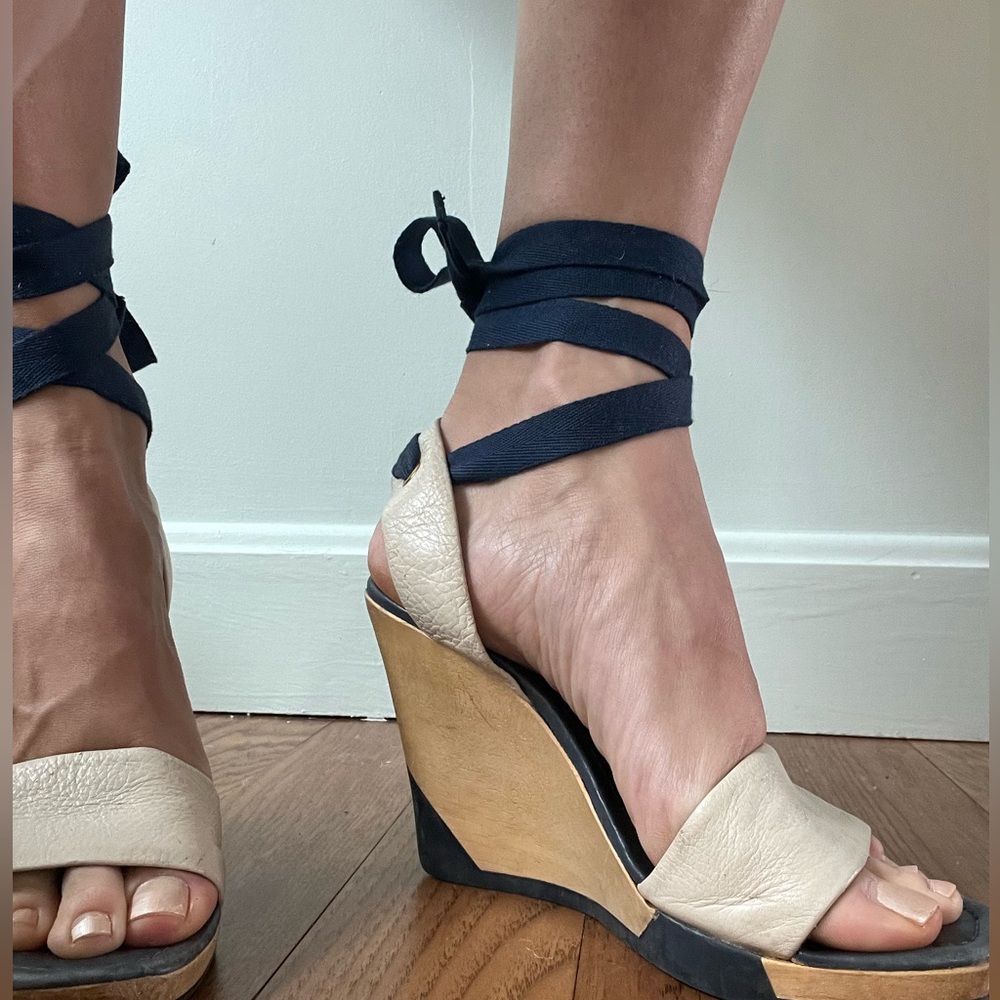 Kate Spade blue and white ankle wrap wedge sandal heels